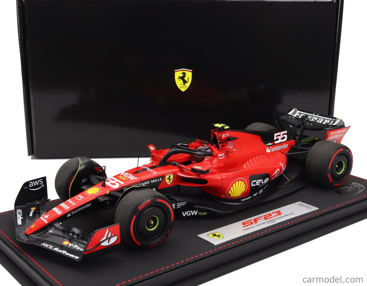 BBR-MODELS BBR231855DIE-VET Scale 1/18  FERRARI F1 SF-23 TEAM SCUDERIA  FERRARI N 55 4th BAHRAIN GP 2023 CARLOS SAINZ - CON VETRINA - WITH SHOWCASE  RED BLACK