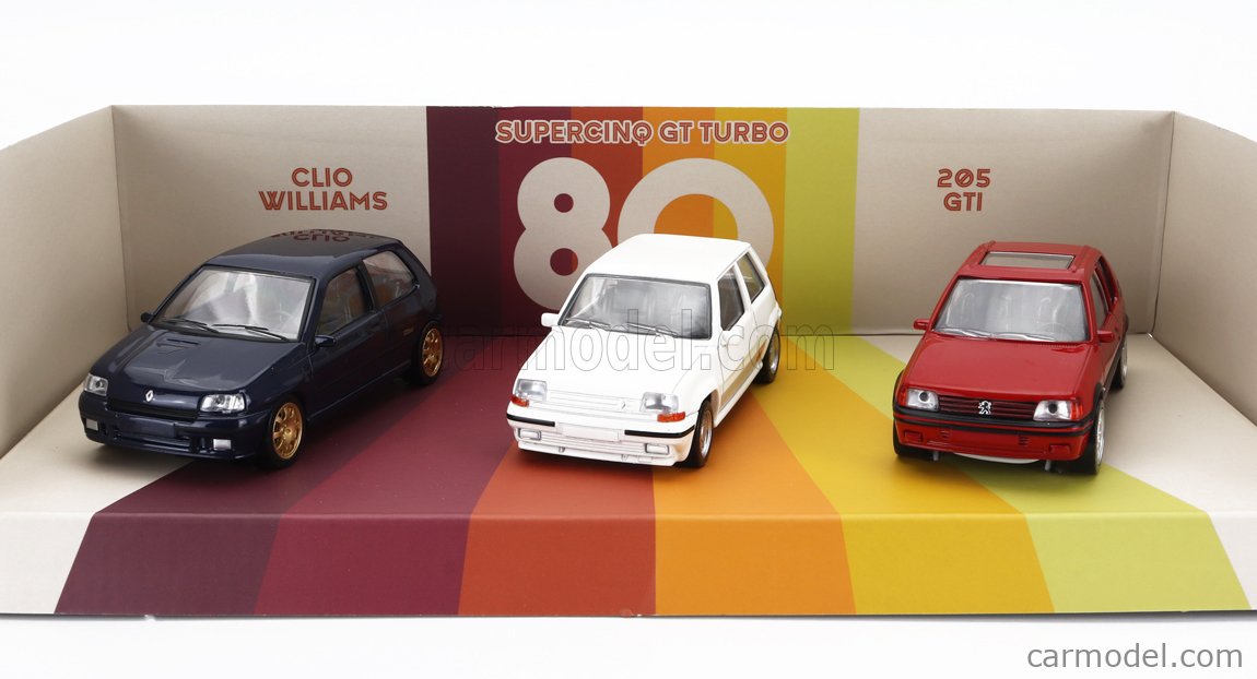COFFRET CADEAU 3 JET CAR RENAULT CLIO WILLIAMS, RENAULT 5 GT TURBO, PEUGEOT 205 GTi 1/43 Réf