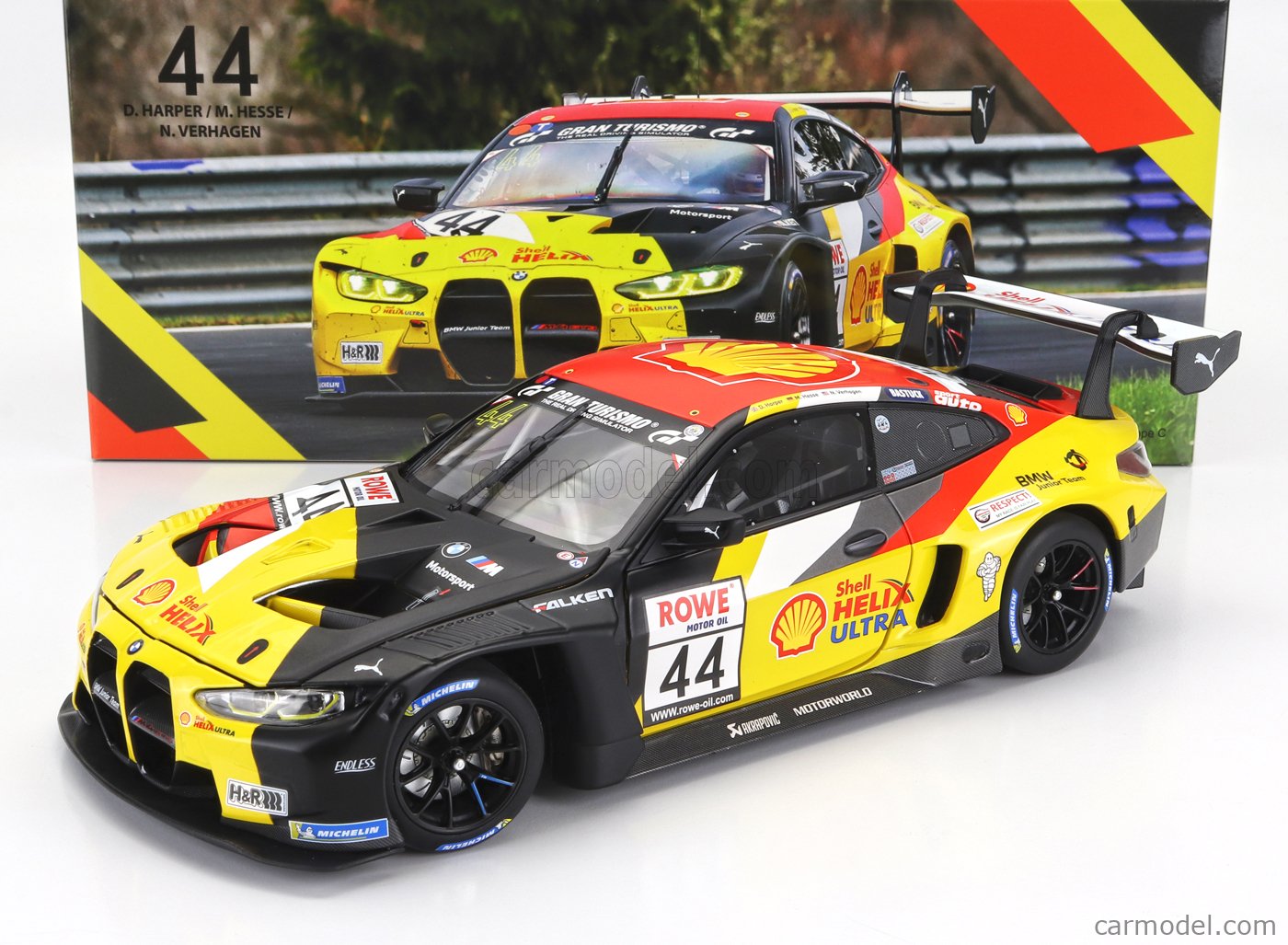 MINICHAMPS 113232044 Масштаб 1/18 | BMW 4-SERIES M4 GT3 TEAM BMW JUNIOR N  44 WINNER NLS 3 NURBURGRING ADAC RUNDSTRECKEN TROPHY 2023 DAN HARPER - MAX  HESSE - NEIL VERHAGEN YELLOW RED BLACK