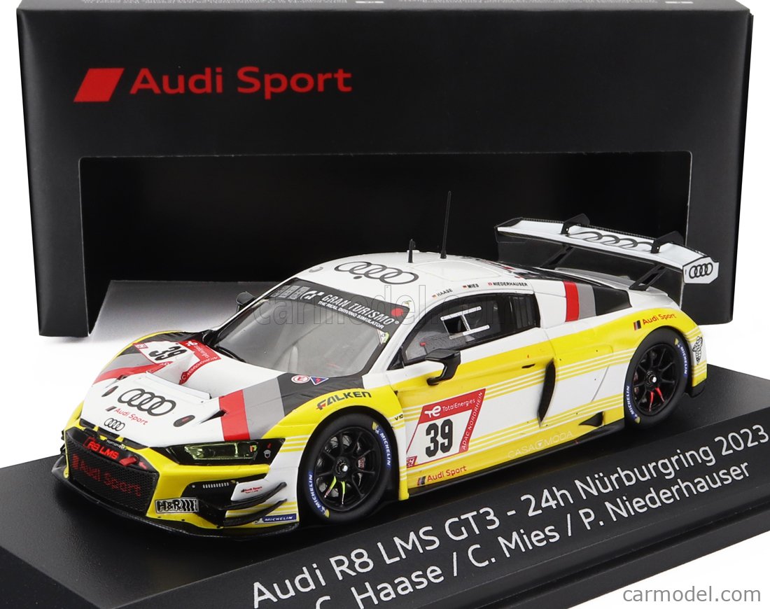 SPARK-MODEL 5022300133 Scale 1/43 | AUDI R8 LMS GT3 TEAM AUDI SPORT LAND N  39 24h NURBURGRING 2023 CHRISTOPHER HAASE - CHRISTOPHER MIES - PATRIC  NIEDERHAUSER WHITE YELLOW SILVER