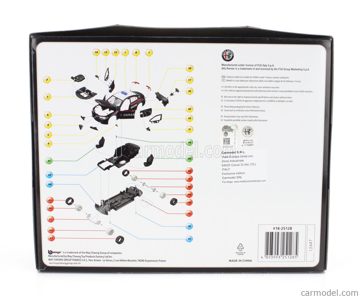 Kit Modèle Auto Statique Burago Alfa Romeo Giulia Carabinieri 2016 - Échelle 1:24 - Neuf