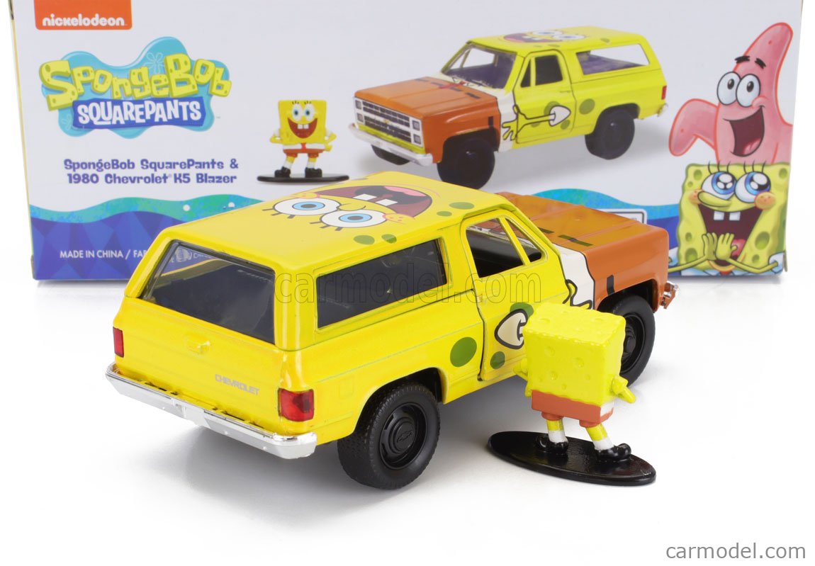 JADA TOYS Blazer 1:32 HWR – 1980 Chevy K5 avec Figurine Bob l'éponge Chevrolet Sponge Voiture Miniature de Collection, 31798Y, Yellow/Brown, Taille Unique JADA TOYS Blazer 1:32 HWR – 1980 Chevy K5 avec Figurine Bob l'éponge Chevrolet Sponge Voiture Miniature de Collection, 31798Y, Yellow/Brown, Taille Unique