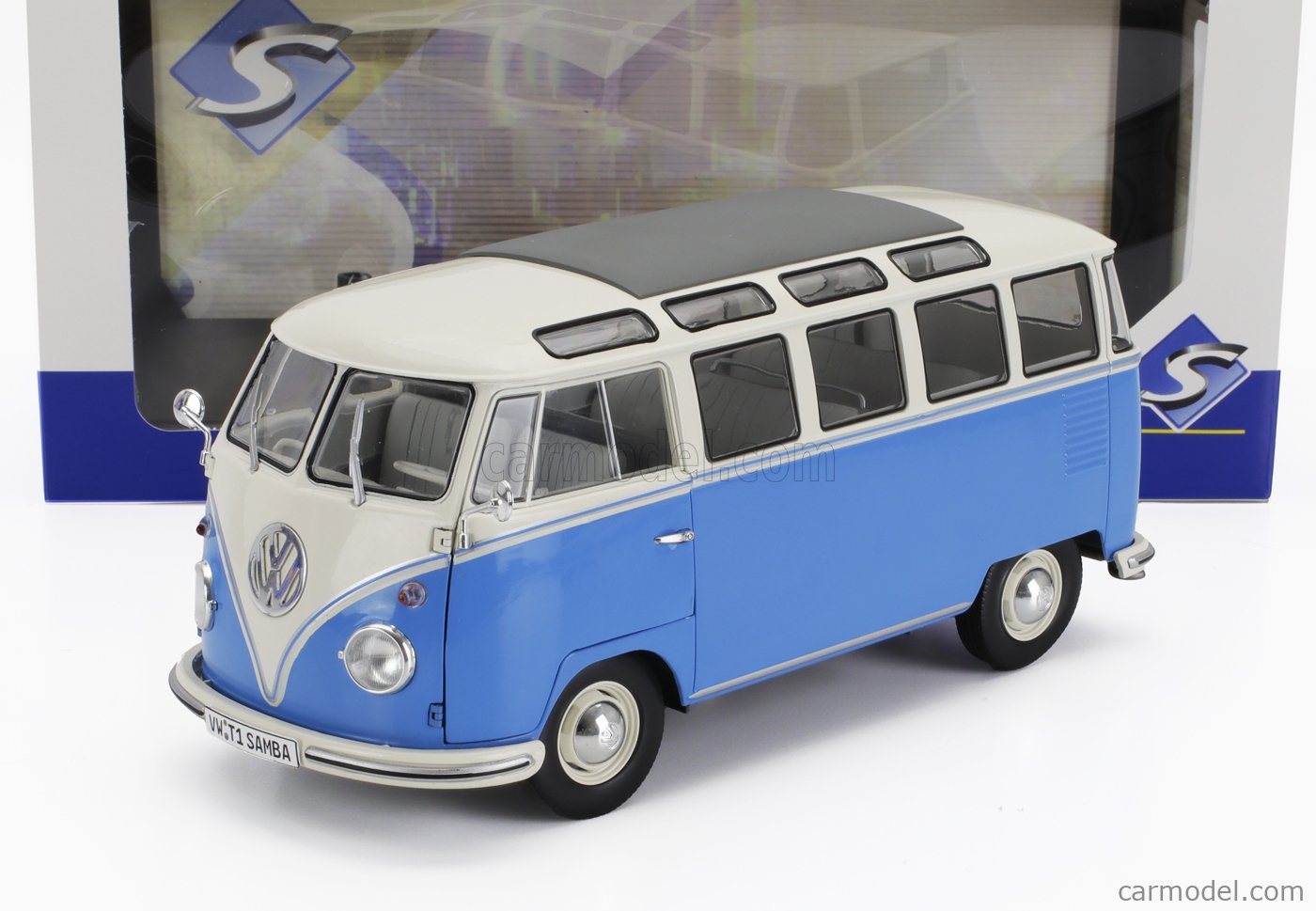 Solido - Modèle Réduit 1:18 Volkswagen T1 21 Windows - Version Bleu Et Blanc, Die-cast, Socle Inclus - Collection, Décoration