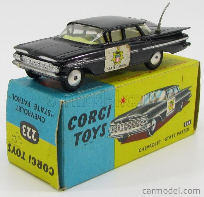 A boxed Corgi Toys No.223 Chevrolet 'State Patrol', VG, box G (tear to