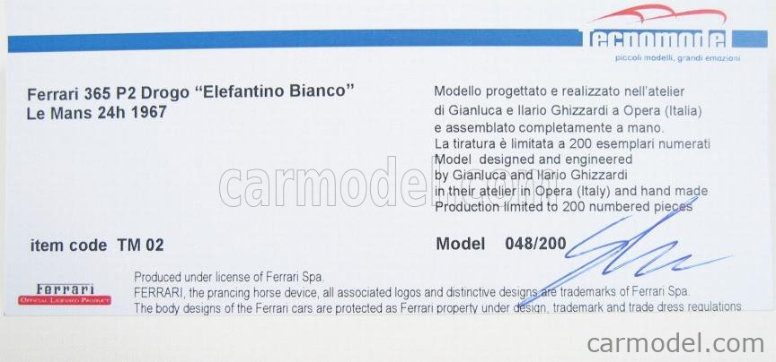 TECNOMODEL TM02 Scale 1/43 | FERRARI 365P2 DROGO ELEFANTINO BIANCO N 26 ...