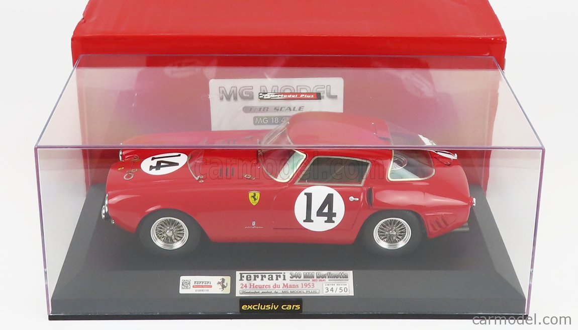 1:18 BBR Ferrari 340Mm 4.1L #14 24H Le Mans 1953 Farina + Vitrine - BBR1852C-VET