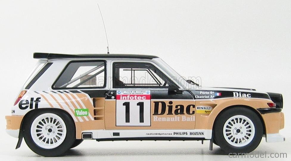 OTTO-MOBILE OT019 Scale 1/18 | RENAULT 5 MAXI TURBO N 11 RALLY TOUR DE CORSE  1986 A.CHATRIOT - O.PERIN WHITE BLACK SAND