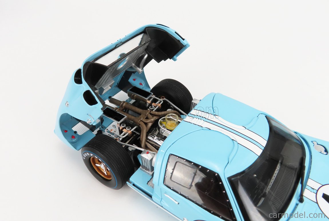 SHELBY-COLLECTIBLES SHELBY411 Scala 1/18  FORD USA GT40 MKII 7.0L V8 TEAM SHELBY AMERICAN INC. N 1 2nd (BUT REALLY WINNER) 24h LE MANS 1966 K.MILES - D.HULME LIGHT BLUE