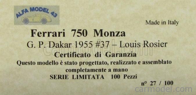 Alfamodel 43 Am43 F25 Scale 1 43 Ferrari 750 Monza Spider N 37 G P Dakar 1955 L Rosier Bluette