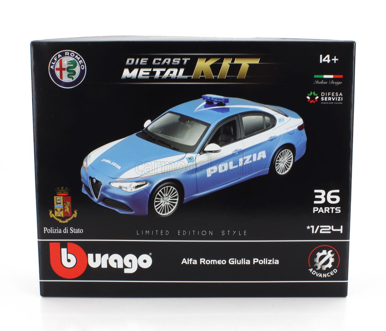 KIT MODELLINO AUTO STATICO BURAGO ALFA ROMEO GIULIA POLIZIA 2016 BLU BIANCO 1:24