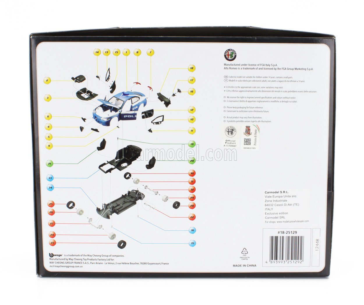 KIT MODELLINO AUTO STATICO BURAGO ALFA ROMEO GIULIA POLIZIA 2016 BLU BIANCO 1:24